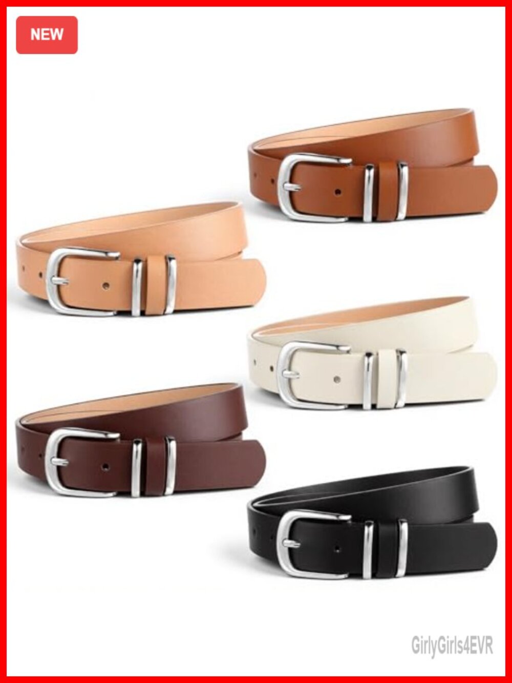 Women's Leather Belt Set 5Pc Adjustable 10 Holes Silver Buckle Fit 25-35"